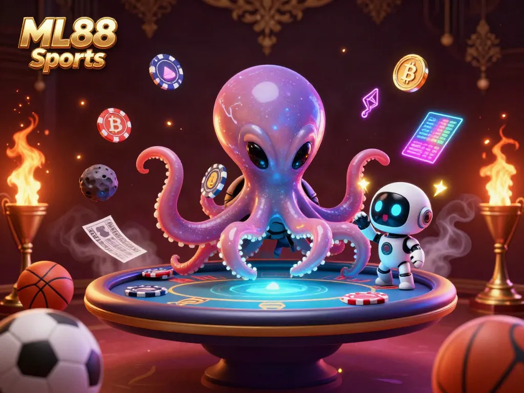 Engage with ML88 Sports as a vibrant alien octopus hosts interactive sports betting.