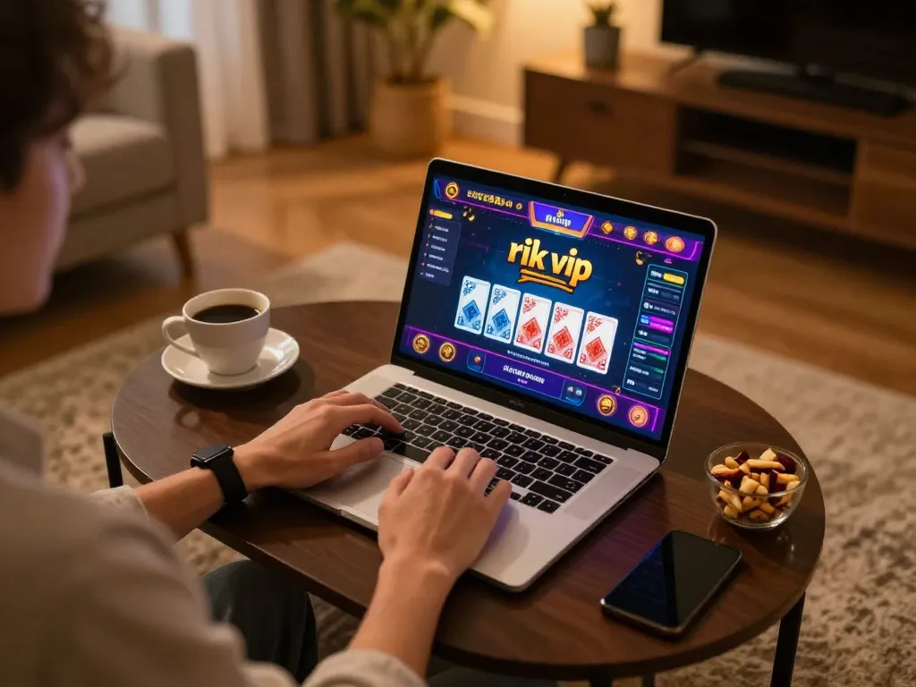 Engaging in online gameplay on rik vip with warm ambiance and cozy setting