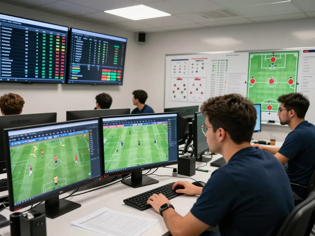 Expert soccer analysis team discussing tactical strategies and soccer picks in a dynamic data room.