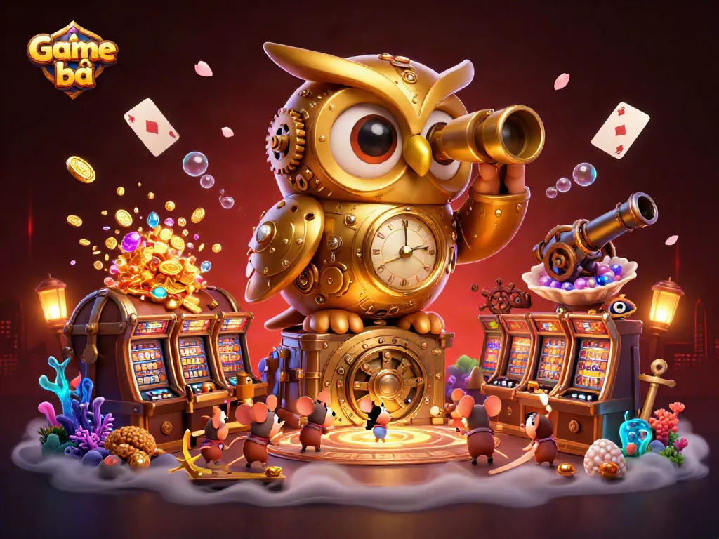 Engage in exciting Game bài action with a dynamic scene of a golden owl and whimsical casino elements.