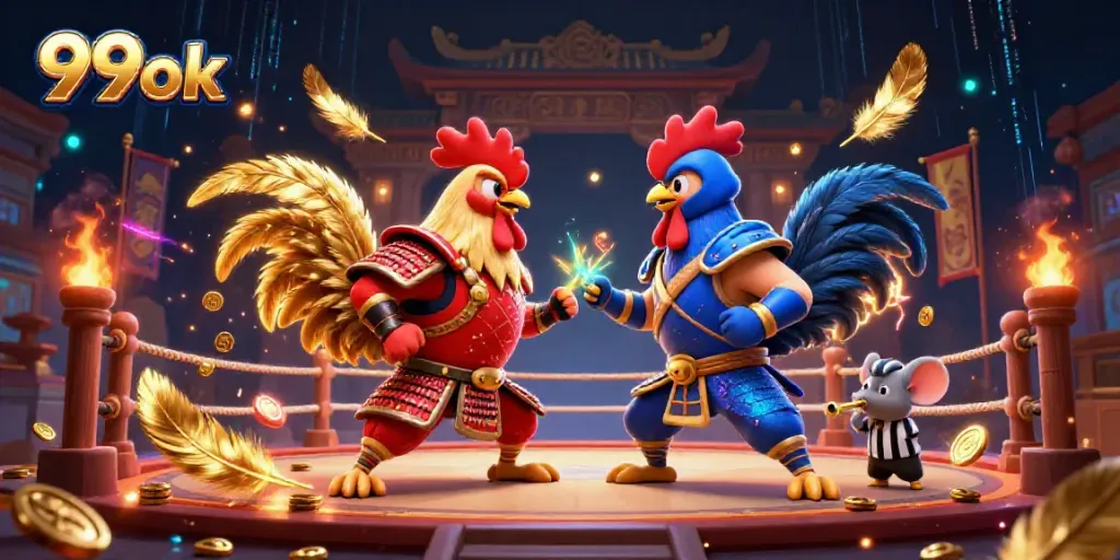 Experience the thrill of 99ok with a dramatic standoff between cartoon roosters in a vivid gambling arena.