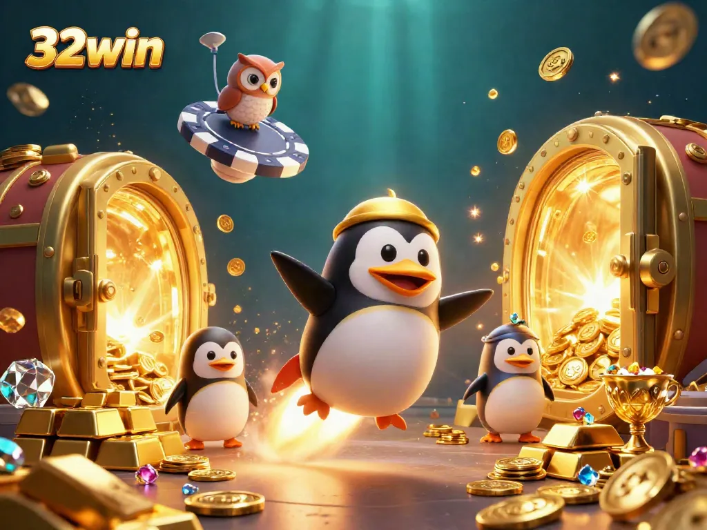 Experience thrilling adventures with 32win's golden penguin racing toward a casino station under a radiant treasure vault door.