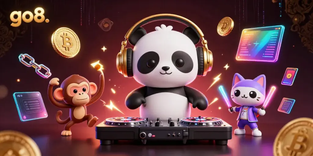 Join the excitement with go8. at this vibrant digital casino party featuring animated characters and crypto elements.
