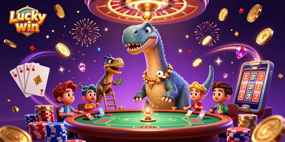 Experience the excitement of Luckywin with a festive casino scene featuring animated dinosaurs and vibrant game elements.