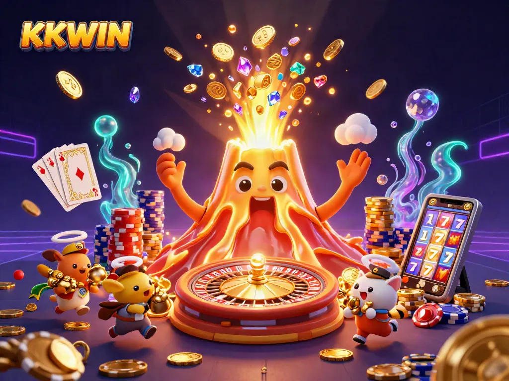 Spin the 3D volcano erupting coins and gems in KKWIN’s vibrant casino world, showcasing treasure and excitement.