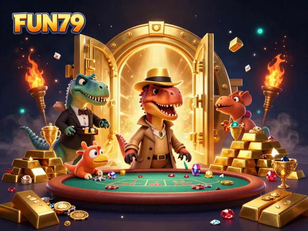 Experience the thrill of FUN79 with a cartoon velociraptor card counter at a blackjack table, surrounded by treasure.