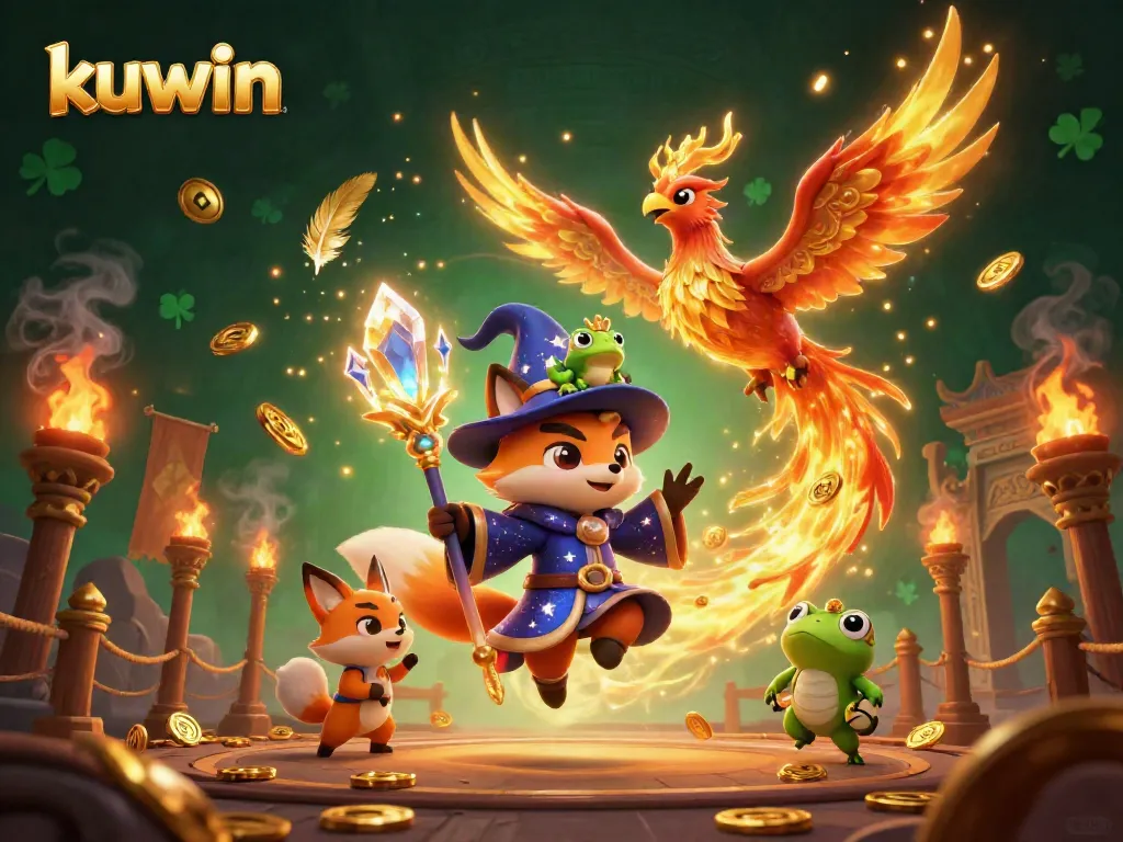 Kuwin's dynamic gaming scene showcases a mystical wizard fox and phoenix amid gold coins and betting tokens.
