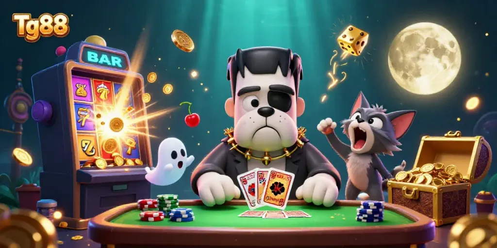 Experience thrilling gameplay with Tg88's unique characters and vibrant casino elements in this exciting illustration.