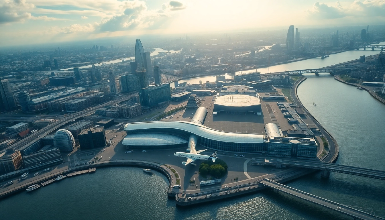 View of London City airport with a plane taking off and city skyline in the background.