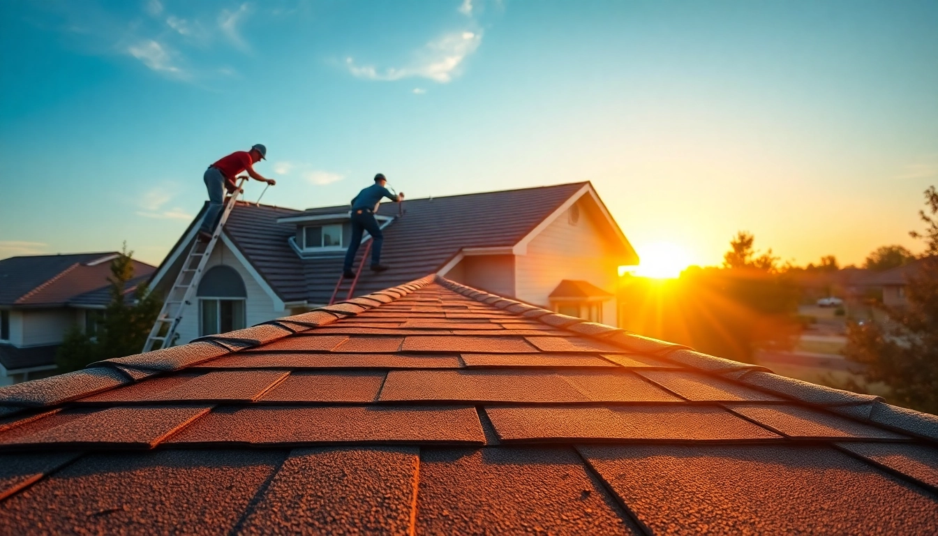 Roofing company team installing shingles on a modern home roof in warm sunset lighting.