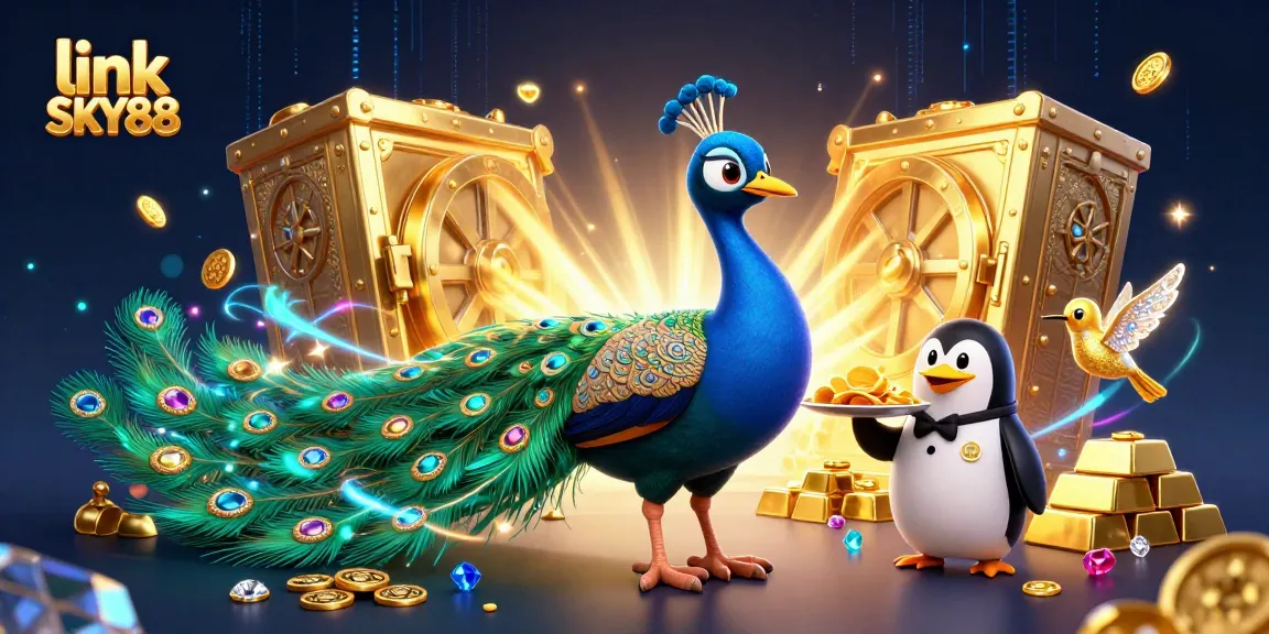Experience winning at link SKY88 with a vibrant 3D casino scene featuring dynamic characters and golden treasures.