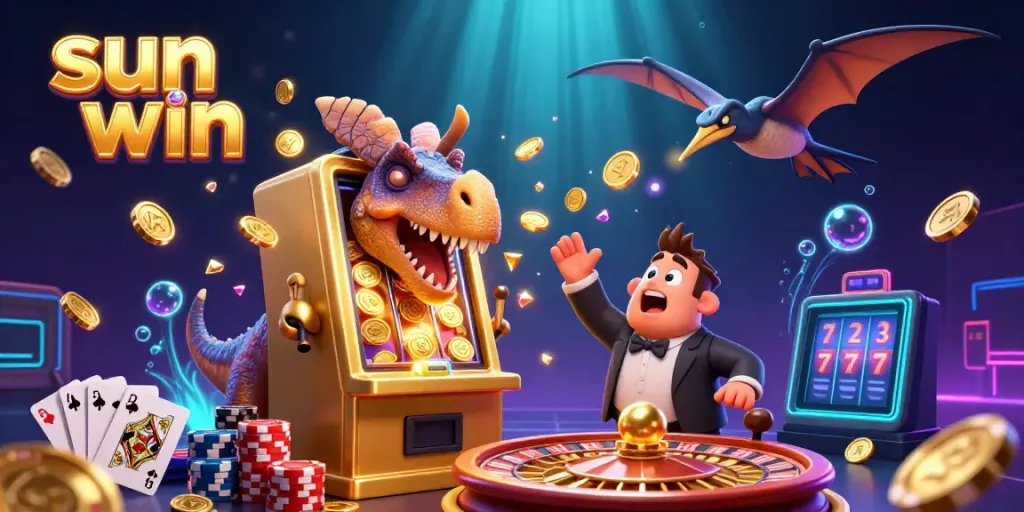 Catch big wins with sun win as a pachycephalosaurus hits a jackpot, surrounded by cascading coins and animated casino elements.