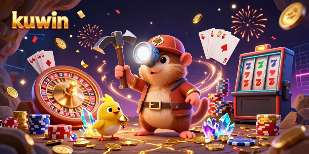 Experience the thrill of kuwin with a vibrant 3D casino scene full of treasure, roulette, and dazzling rewards.