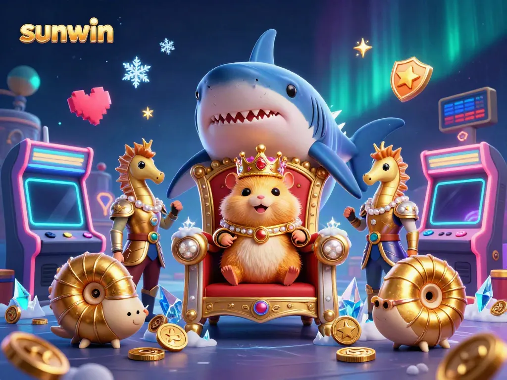 Win big at Sunwin with a fantastical gaming scene featuring vibrant characters and casino elements.