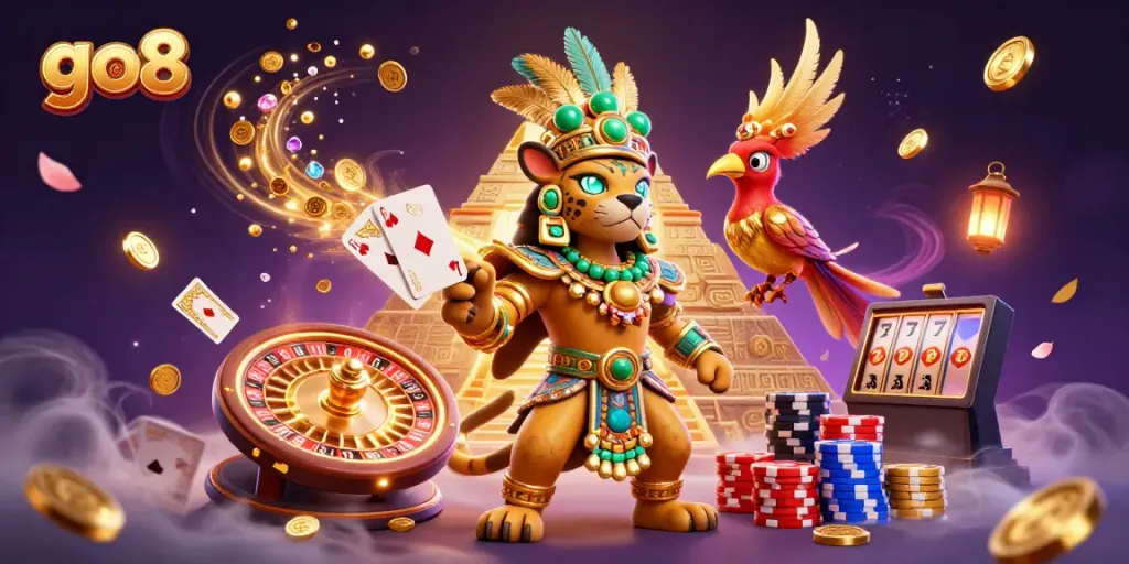 Experience the immersive view of the go8 gaming world with a majestic priest, vibrant coins, and rich visuals.