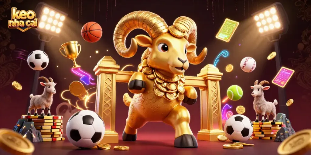 Dynamic scene illustrating keo nha cai with a massive golden ram charging through betting elements and sports balls.