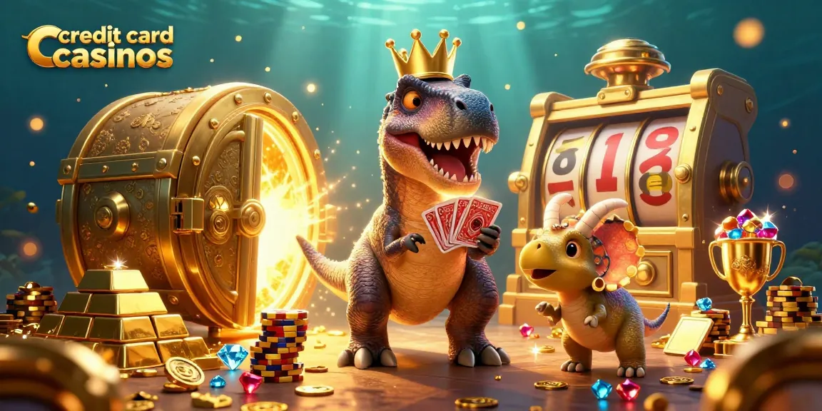 Engaging scene showcasing credit card casinos with a T-Rex shuffling cards and characters surrounded by dramatic casino elements.