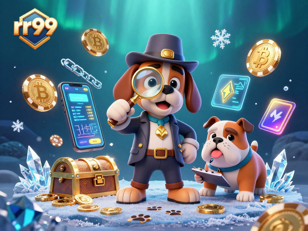 rr99 highlights a detective and companion searching for poker chip clues amidst glowing crypto coins.