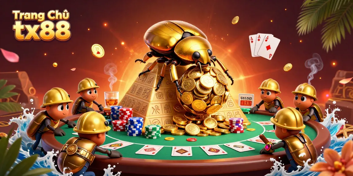 Experience the excitement of gaming with Trang Chủ tx88 featuring a golden beetle and poker elements.
