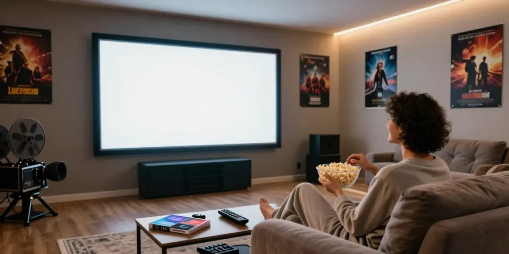 Enjoying film with idlix in a cozy home theater setting.
