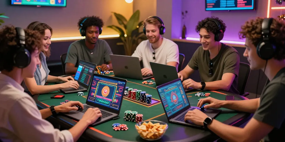Friends enjoying credit card casinos together at a lively gaming table, showcasing excitement and modern technology.