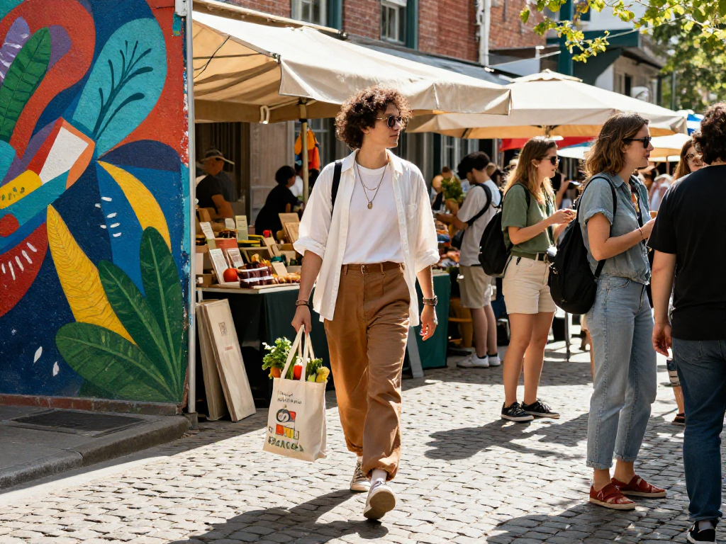 Stylish individual in urban market showcasing nsfw fashion and eco-friendly goods amidst community atmosphere