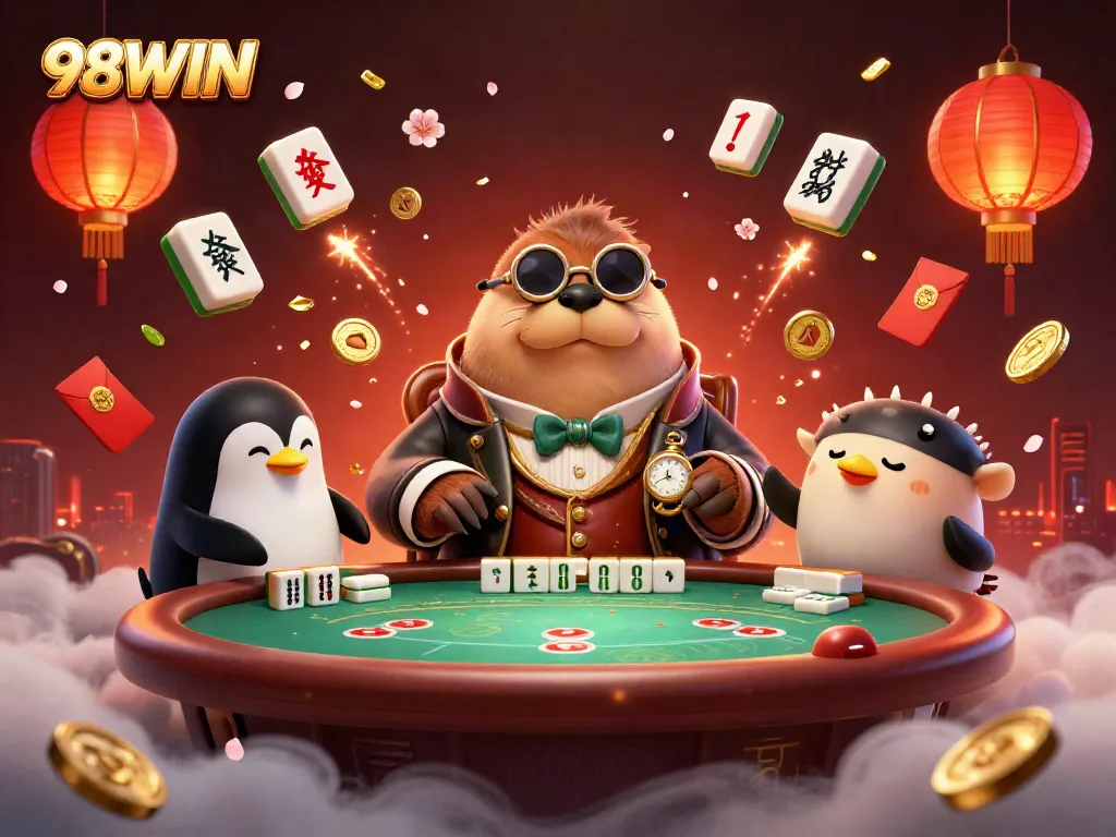 Experience a thrilling poker scene at 98WIN with a walrus, penguin dealer, and pufferfish, celebrating with festive elements.