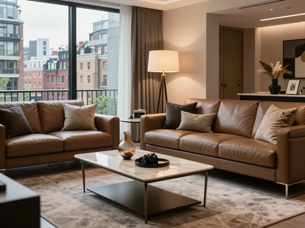 Luxury carpets London enhancing a chic living room with elegant furniture and urban views.