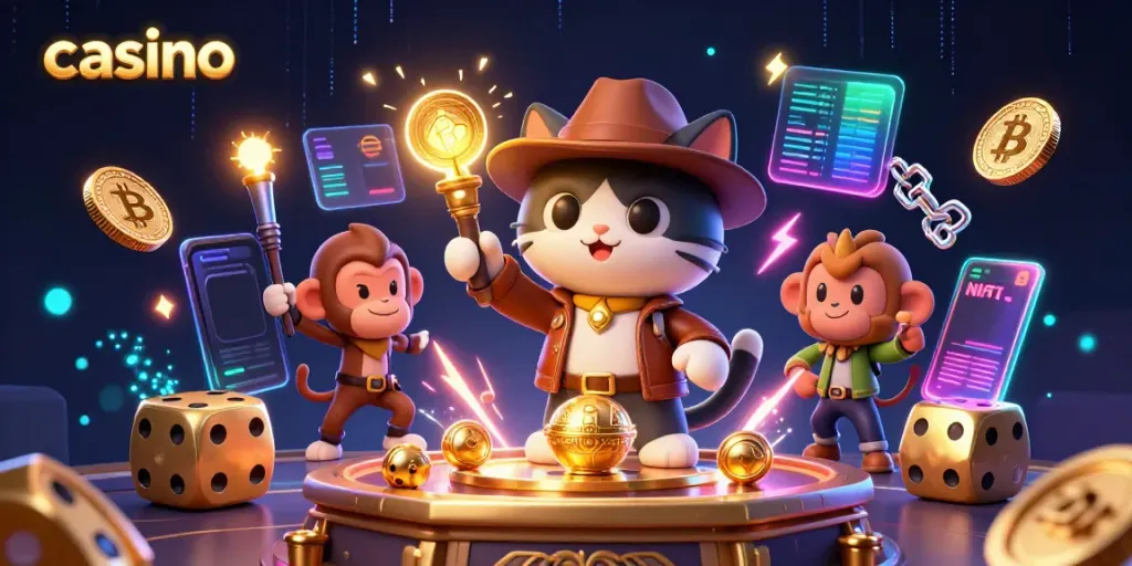 Engaging illustration of a cat archaeologist in a casino temple with Bitcoin coins and ancient artifacts.