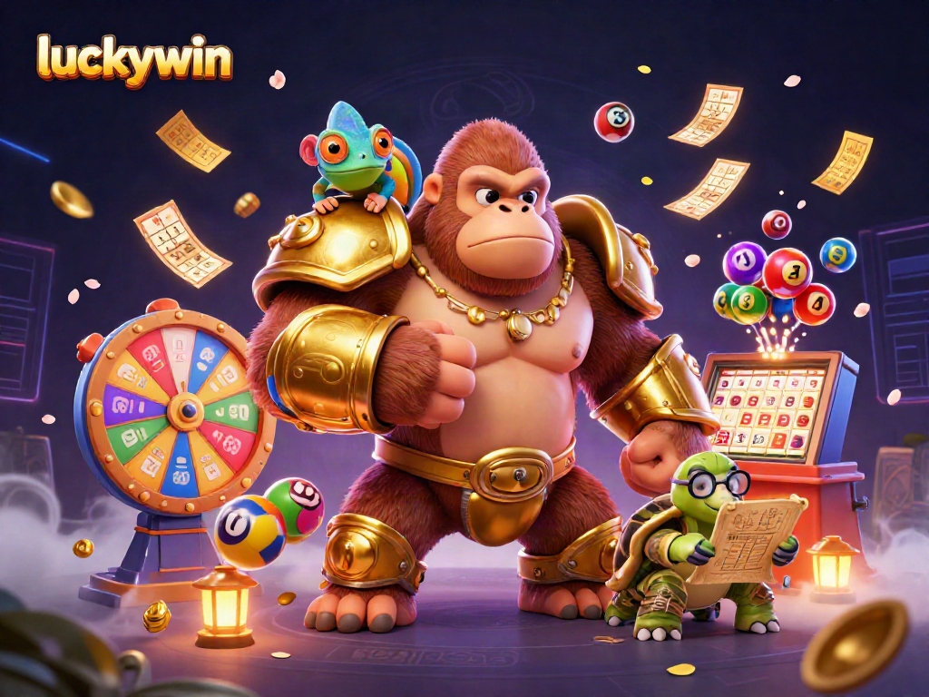 Join the luckywin adventure with a gorilla king and colorful lottery elements in a vibrant scene.