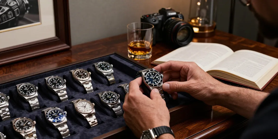 Collector examining rolex super clone watches on display highlighting luxury craftsmanship.