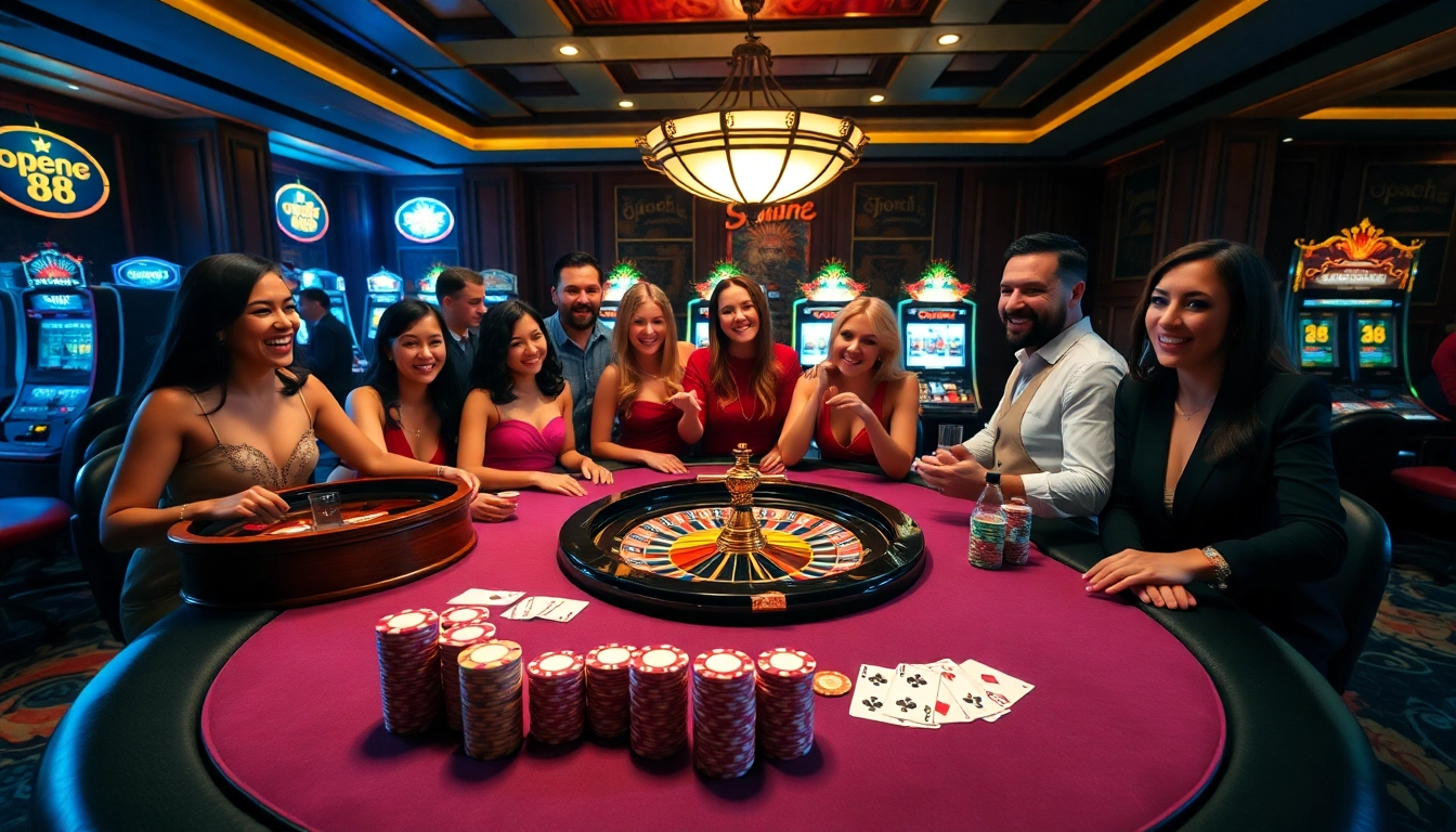 A vibrant scene at an open88 casino featuring players at a poker table with chips and cards.