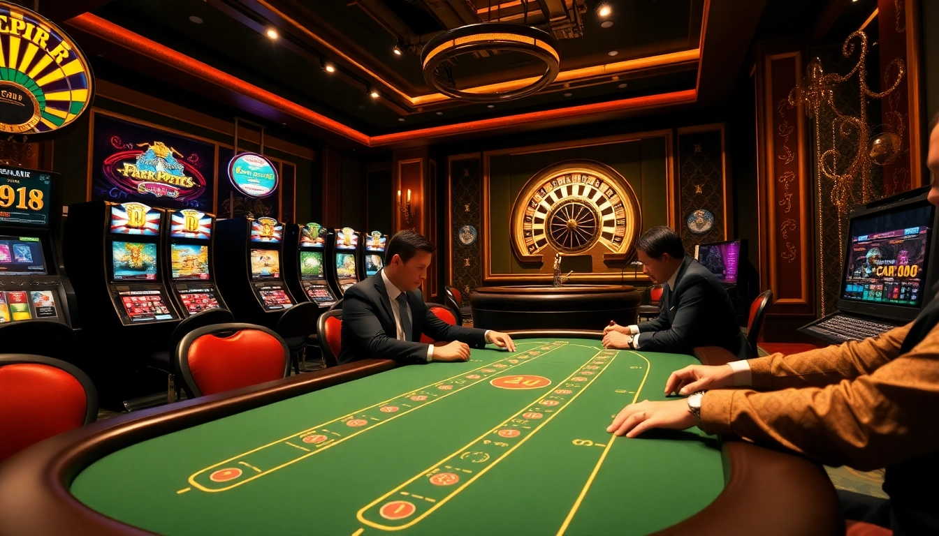 Experience the excitement of gambling at loto188.gb.net with a luxurious casino scene featuring poker and slot machines.