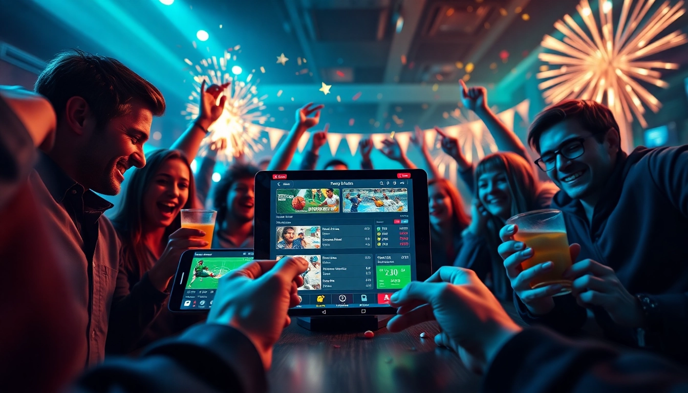 Experience the vibrant sports betting atmosphere at 98winwin.live with mobile devices and excited players celebrating victories.