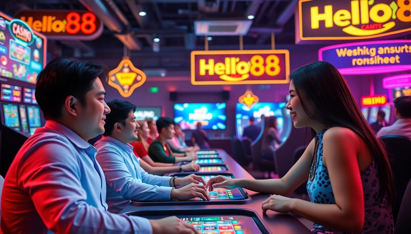 Hello88win.live online gaming scene showcasing diverse players enjoying casino games with excitement and vibrant colors.