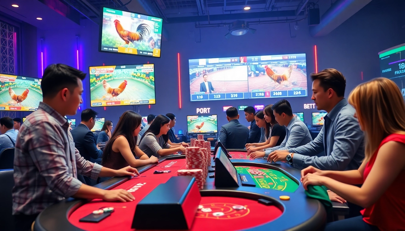 Diverse players enjoying online betting at dagawin.live, featuring cockfighting and casino games.