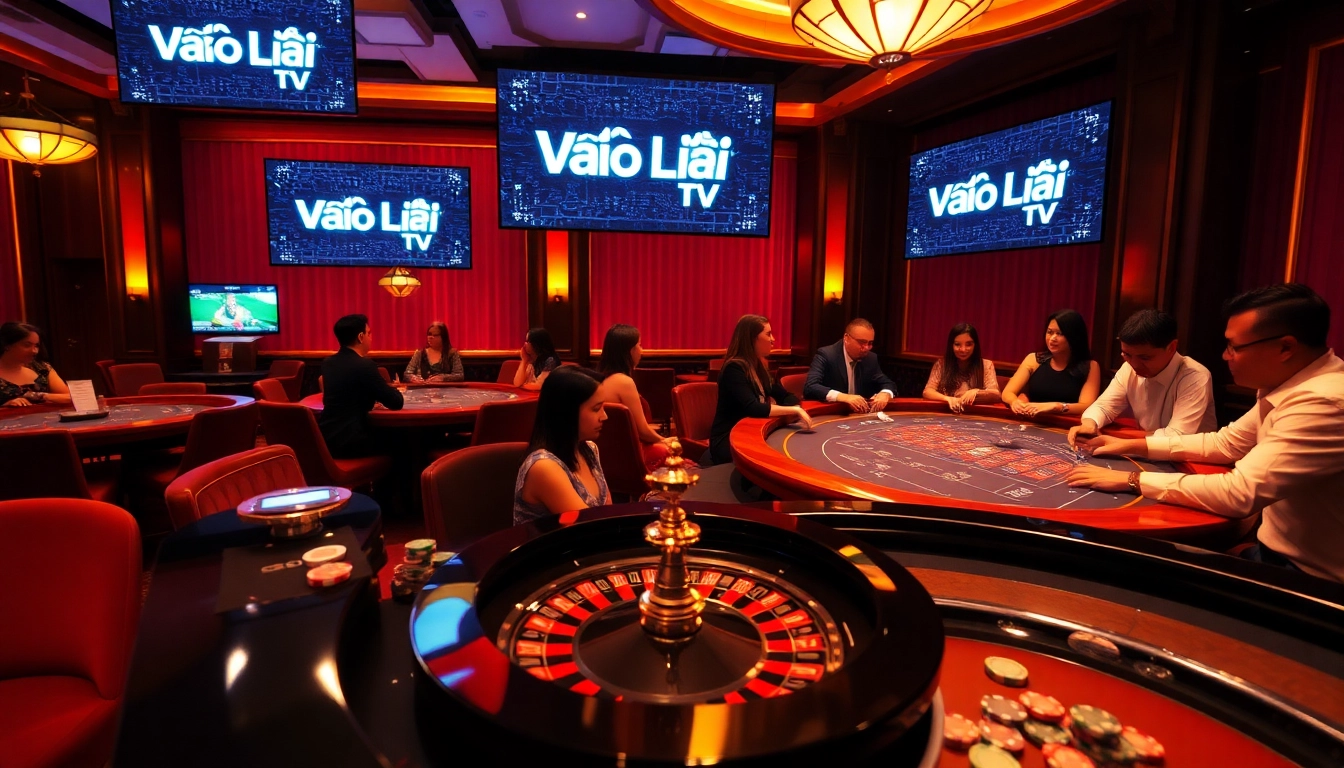 Experience the excitement of gambling at Vào Lưới TV with vibrant casino scenes featuring roulette and poker.