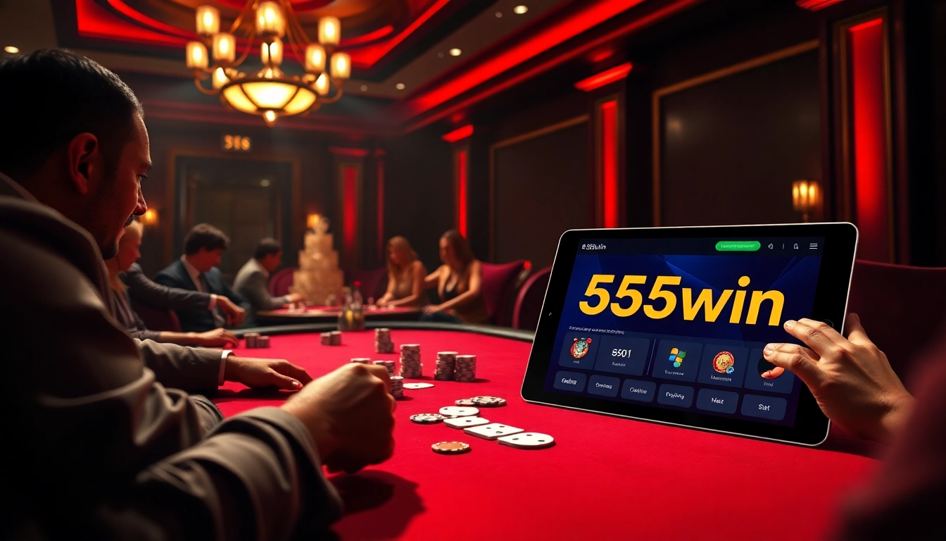 Players strategizing at a poker table in an elegant casino atmosphere, highlighting the excitement of 555win.