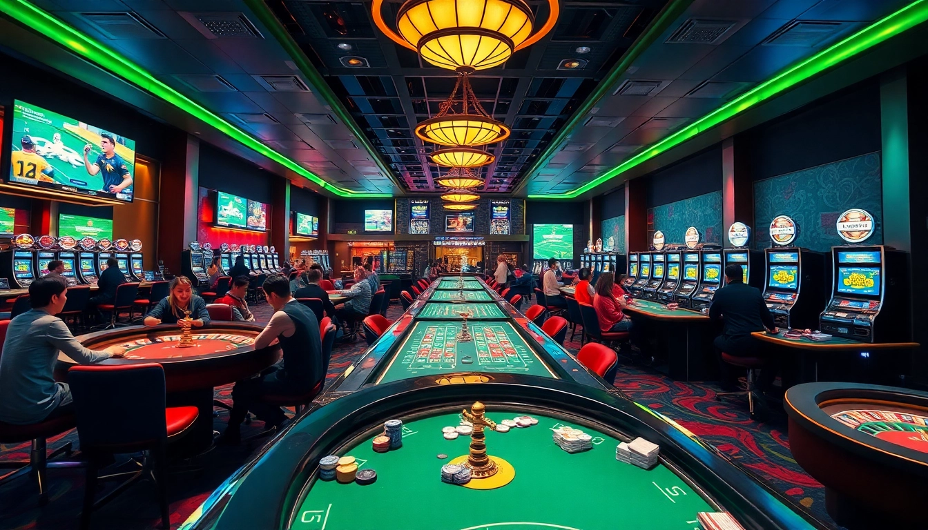 Thrilling scene of sports betting at a casino, showcasing thể thao okfun excitement among eager gamblers.