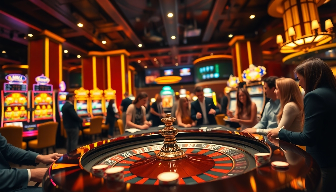 Excited players at an MMOO casino table with cards and chips, showcasing vibrant gaming activity.
