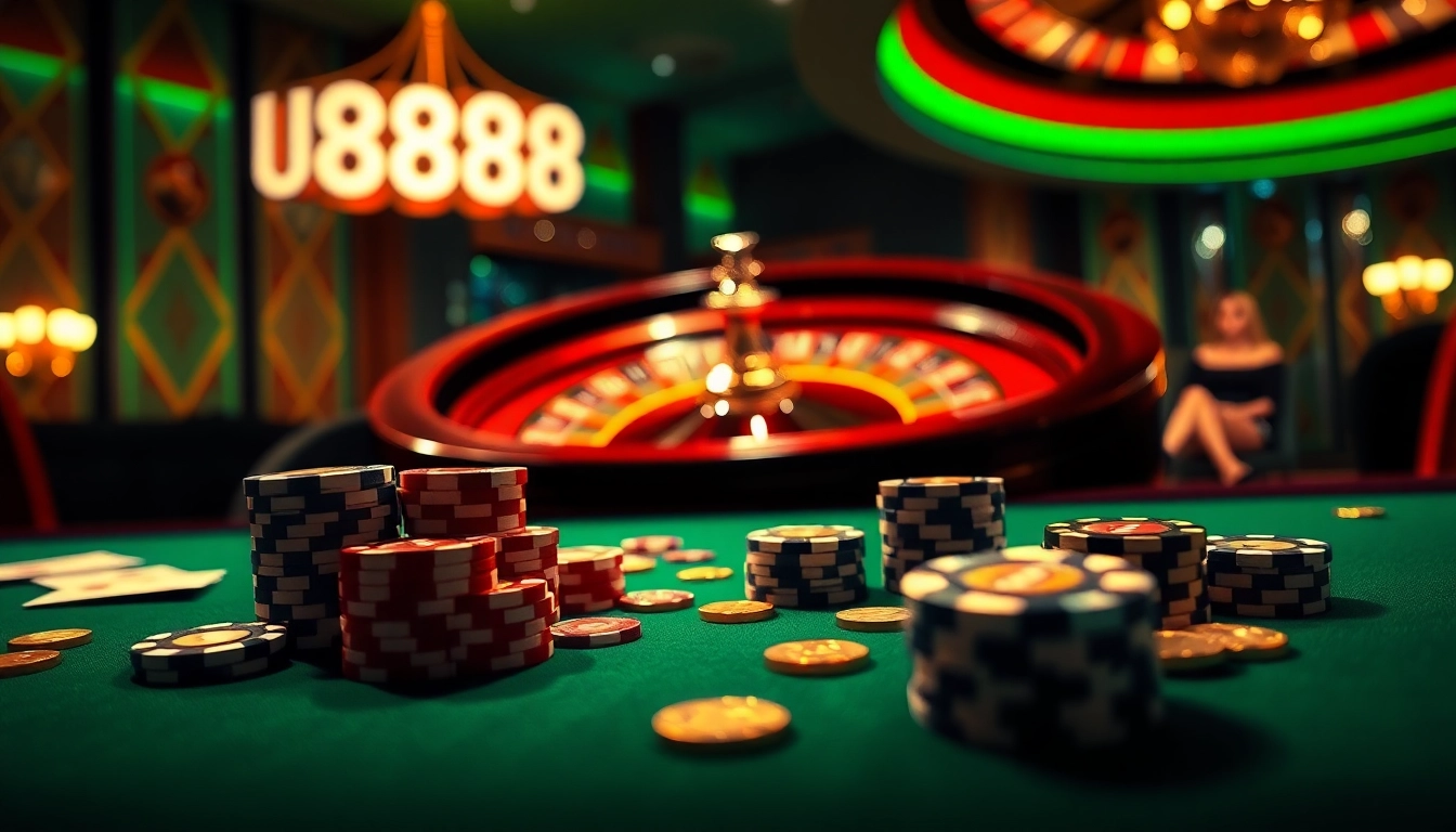 U888 players strategizing over a luxurious casino table with vibrant poker chips and cards.