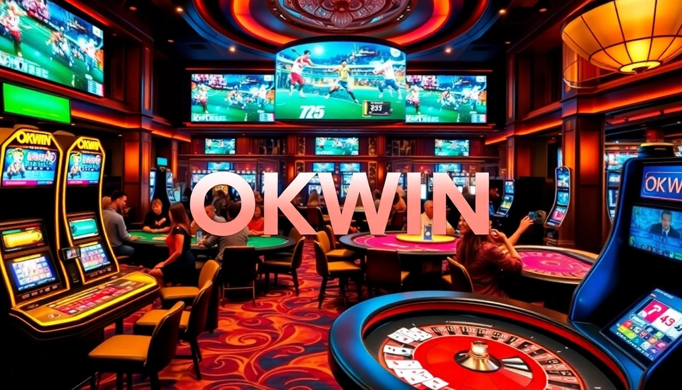 OKWIN casino scene with vibrant tables, immersive gaming, and players enjoying thrilling options.