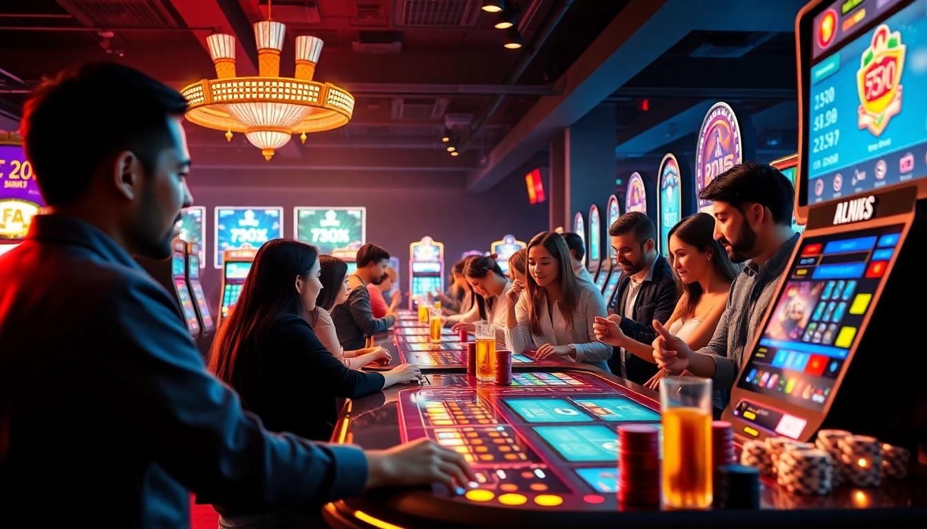 Casino gaming experience at ev88win.live with players enjoying vibrant slot machines and tables.