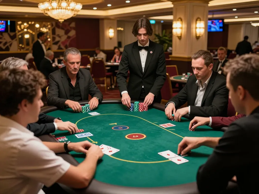 Players strategizing at a nohu-themed poker table, showcasing exciting gameplay and casino atmosphere
