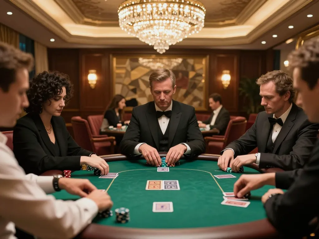 DA88 poker action in a luxurious high-roller room, showcasing players engaged in strategic gameplay.