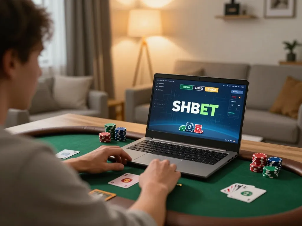 Engage in thrilling online poker at https://shbet.id/ with a cozy home setup showcasing chips and cards in play