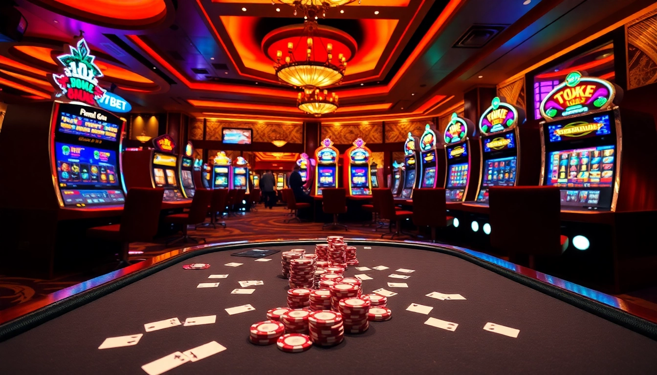 Players enjoying thrilling games at 789BET's luxurious casino, showcasing poker chips and vibrant slot machines.