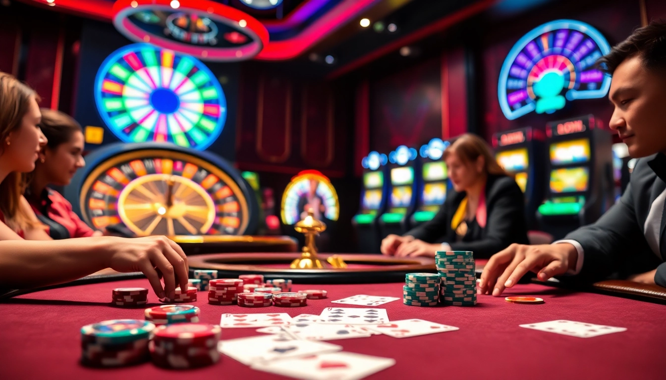 Engage with the thrill of page trang chủ lc88, showcasing an elegant casino scene with players and vibrant tables.