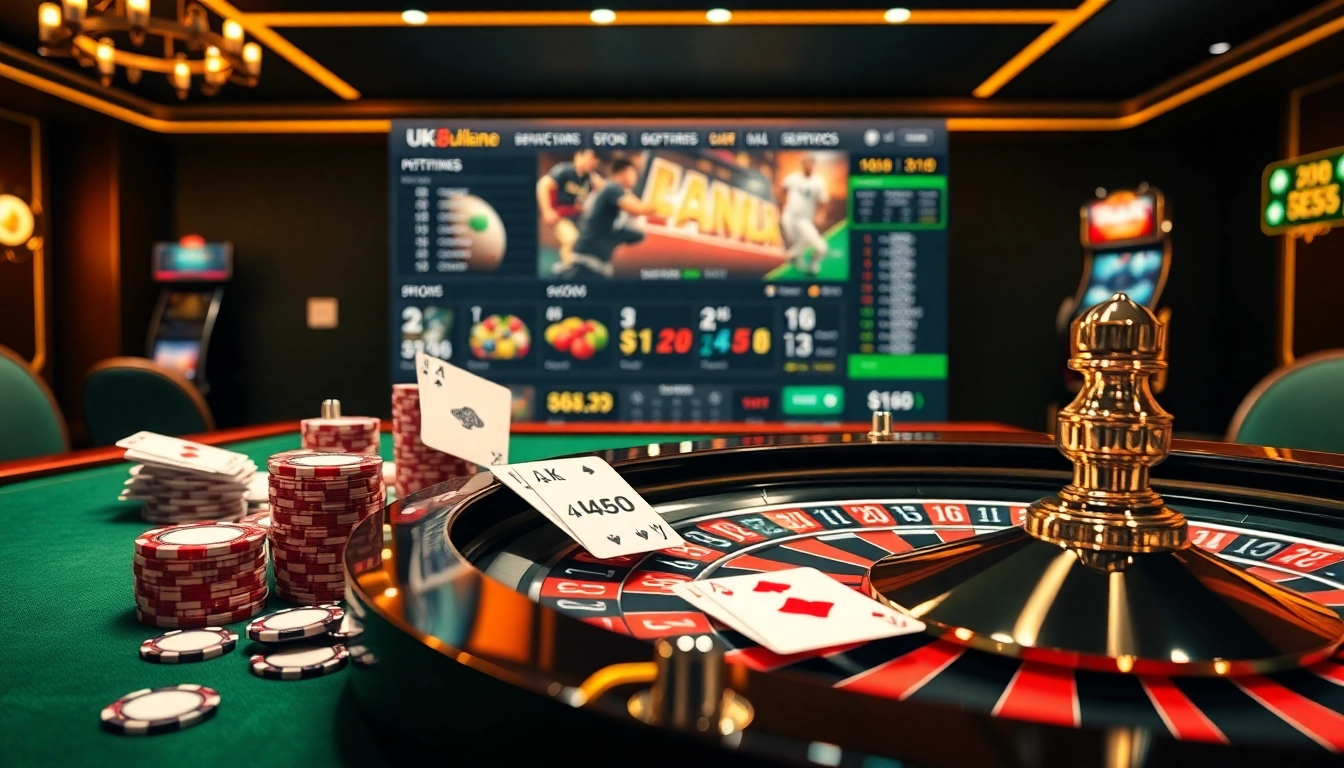Engage with the vibrant atmosphere of online gambling at https://uk88.business/, featuring luxurious casino tables and digital interfaces.