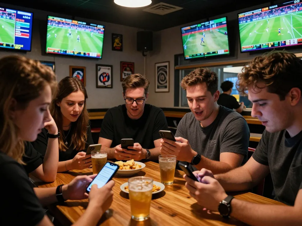 Tỷ lệ kèo nhà cái displayed on multiple screens in a sports bar, friends enjoying betting together